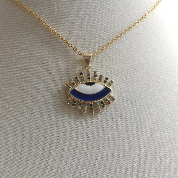 Evil Eye Teardrop Multi Colour Cubic Zirconia Enamel All Seeing Eye Necklace - Picture 3 of 6